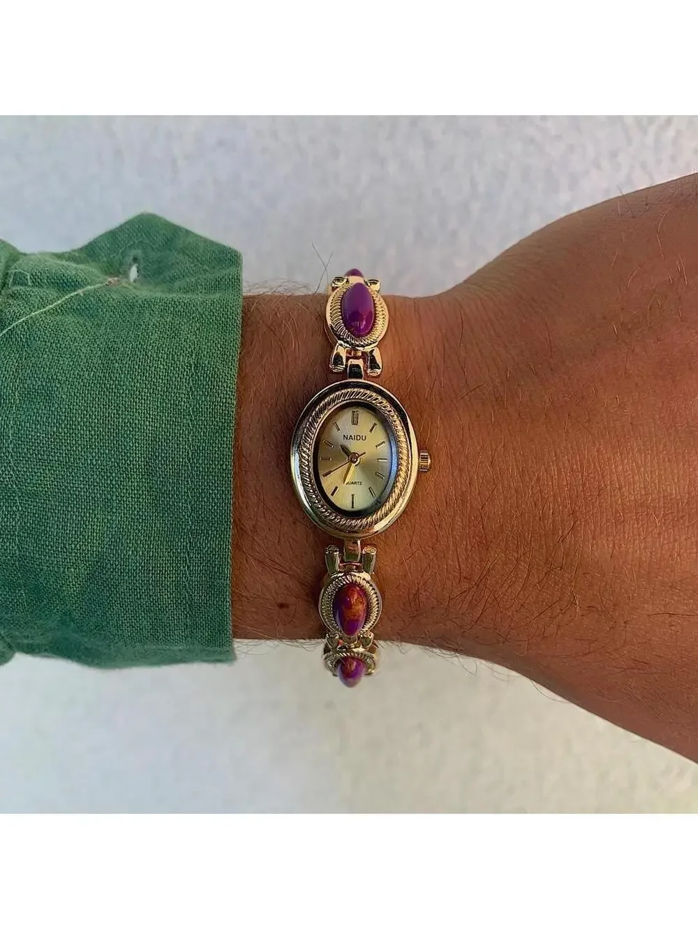 Y2k style Dainty cute Gold style tone quartz watch with purple jade stone opal